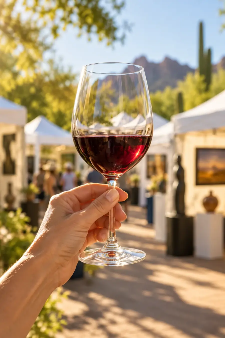 A hand raising a glass of red wine with outdoor art booths in the background